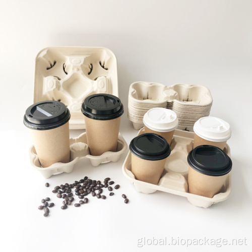 Bagasse Cup Lid And Cup Holder Disposable takeaway sugarcane 4 cups holder for coffee Manufactory